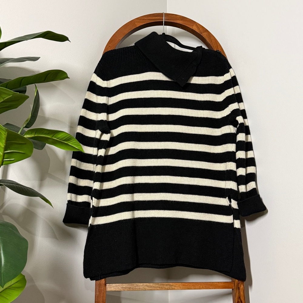 Arket SMALL Black White Striped Wool Cotton Button Neck Cardigan Sweater